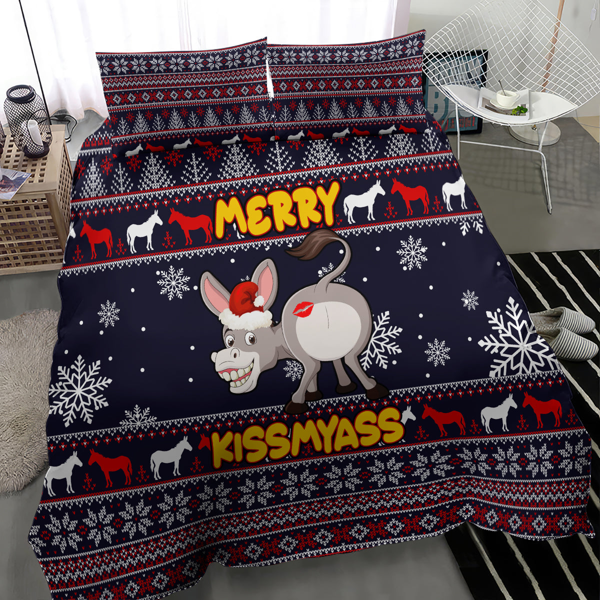 Funny Donkeys Christmas Bedding Set Merry Kissmyass - Wonder Print Shop