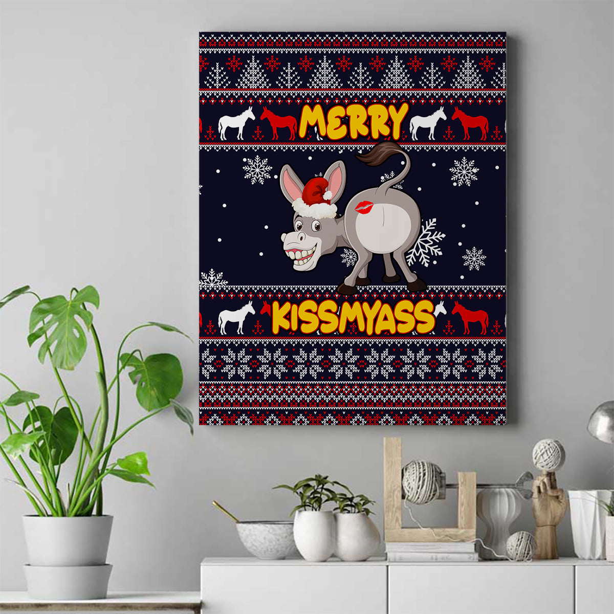 Funny Donkeys Christmas Canvas Wall Art Merry Kissmyass - Wonder Print Shop