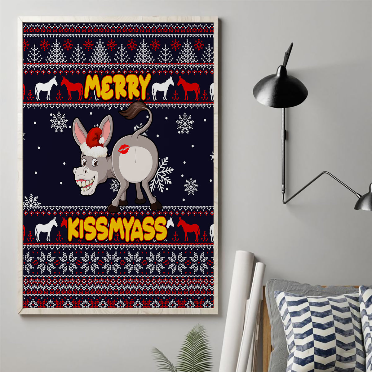 Funny Donkeys Christmas Canvas Wall Art Merry Kissmyass - Wonder Print Shop