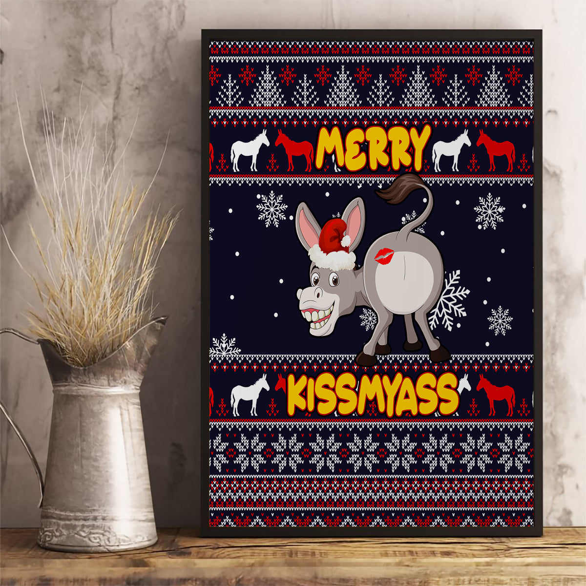 Funny Donkeys Christmas Canvas Wall Art Merry Kissmyass - Wonder Print Shop