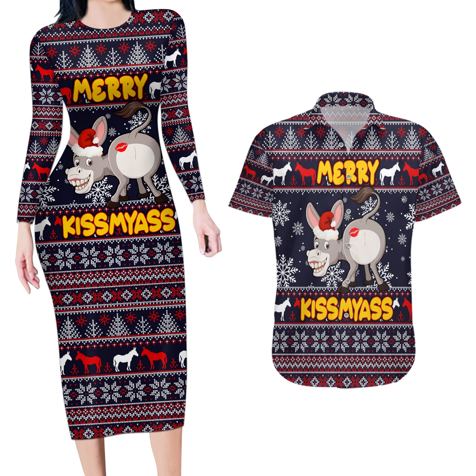 Funny Donkeys Christmas Couples Matching Long Sleeve Bodycon Dress and Hawaiian Shirt Merry Kissmyass - Wonder Print Shop