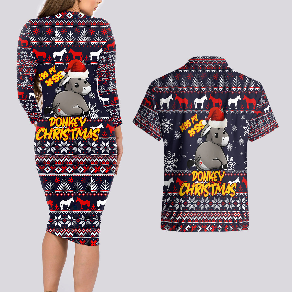 Funny Donkeys Christmas Couples Matching Long Sleeve Bodycon Dress and Hawaiian Shirt Merry Kissmyass - Wonder Print Shop