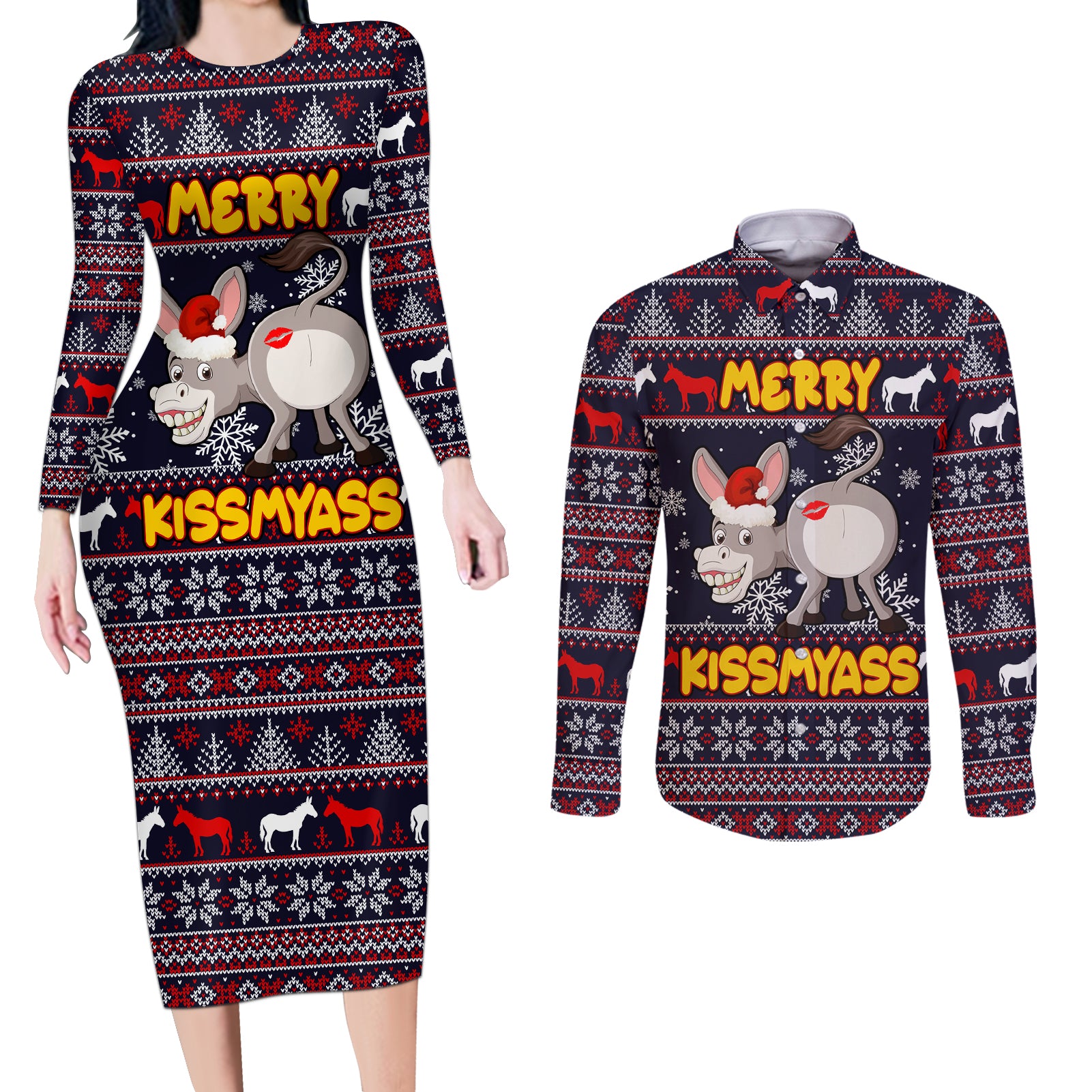 Funny Donkeys Christmas Couples Matching Long Sleeve Bodycon Dress and Long Sleeve Button Shirt Merry Kissmyass - Wonder Print Shop
