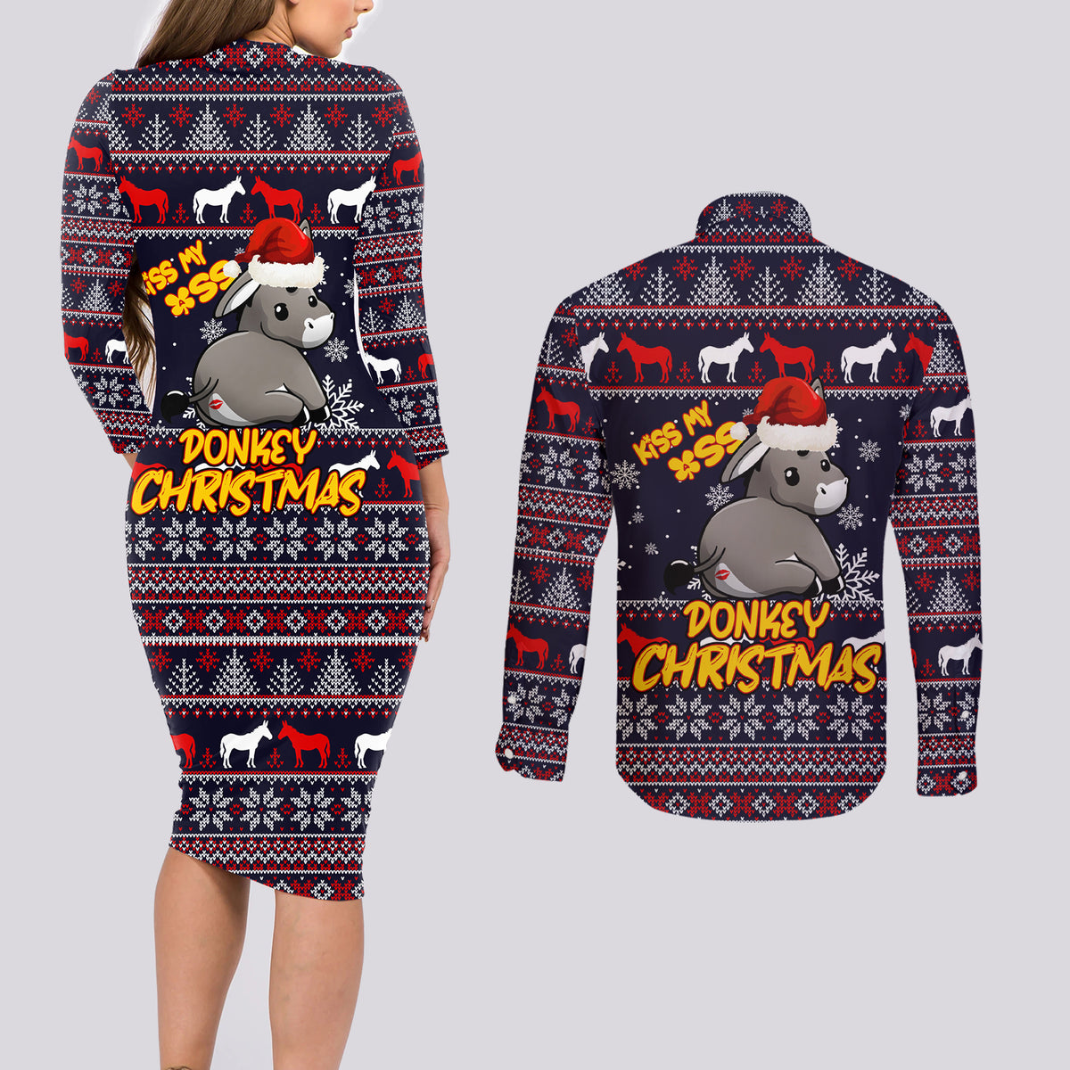 Funny Donkeys Christmas Couples Matching Long Sleeve Bodycon Dress and Long Sleeve Button Shirt Merry Kissmyass - Wonder Print Shop