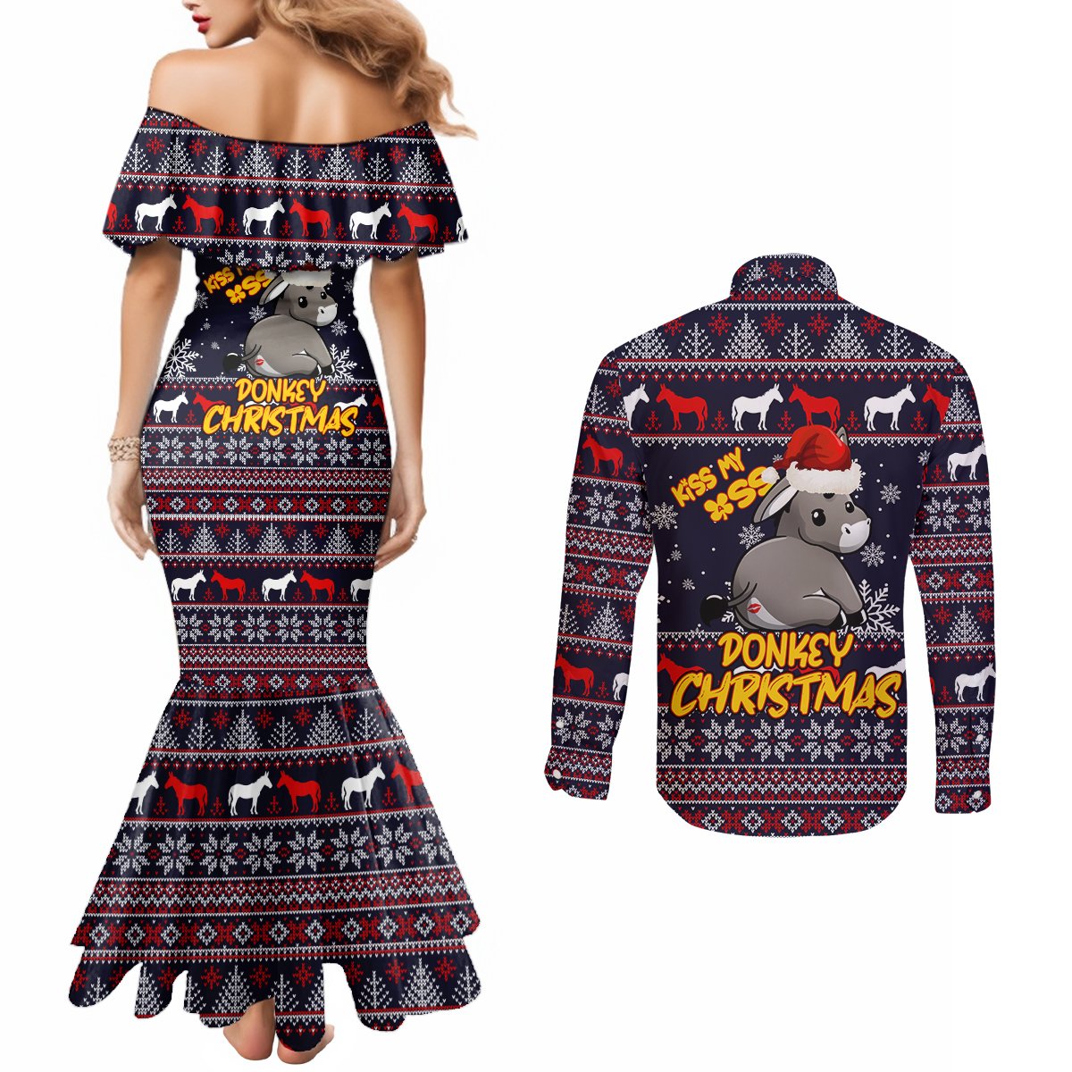 funny-donkeys-christmas-couples-matching-mermaid-dress-and-long-sleeve-button-shirt-merry-kissmyass