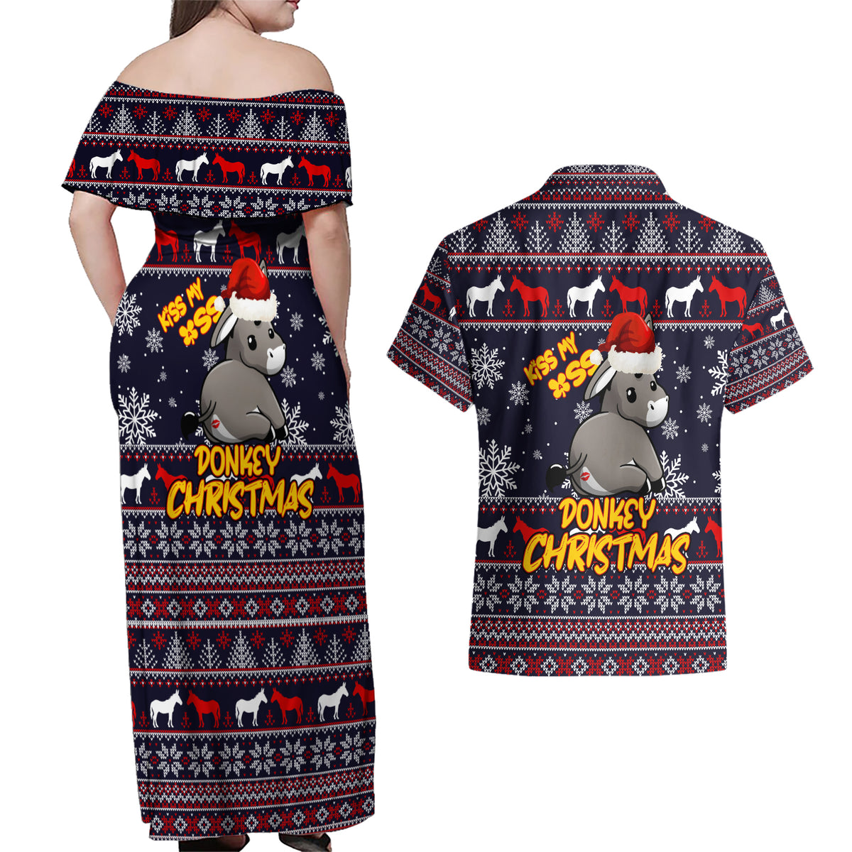 Funny Donkeys Christmas Couples Matching Off Shoulder Maxi Dress and Hawaiian Shirt Merry Kissmyass - Wonder Print Shop