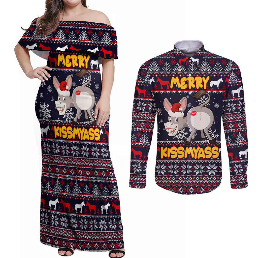 Funny Donkeys Christmas Couples Matching Off Shoulder Maxi Dress and Long Sleeve Button Shirt Merry Kissmyass - Wonder Print Shop