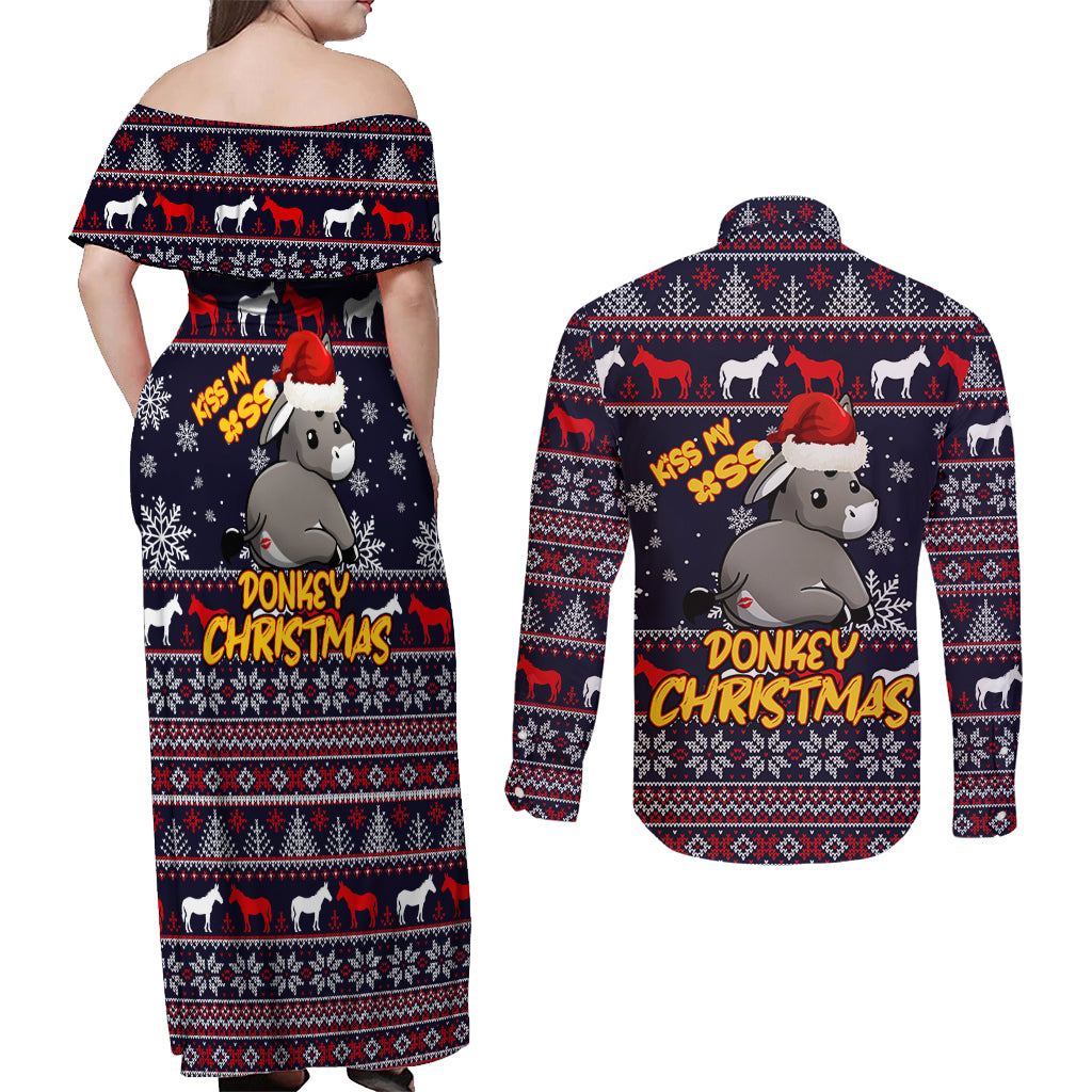 Funny Donkeys Christmas Couples Matching Off Shoulder Maxi Dress and Long Sleeve Button Shirt Merry Kissmyass - Wonder Print Shop
