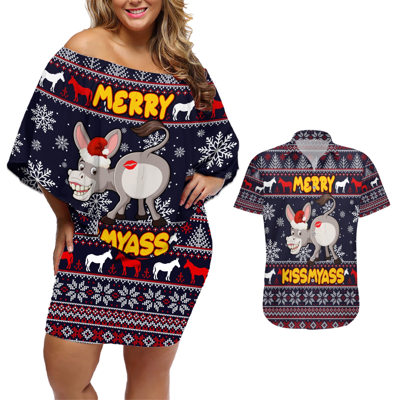 Funny Donkeys Christmas Couples Matching Off Shoulder Short Dress and Hawaiian Shirt Merry Kissmyass - Wonder Print Shop