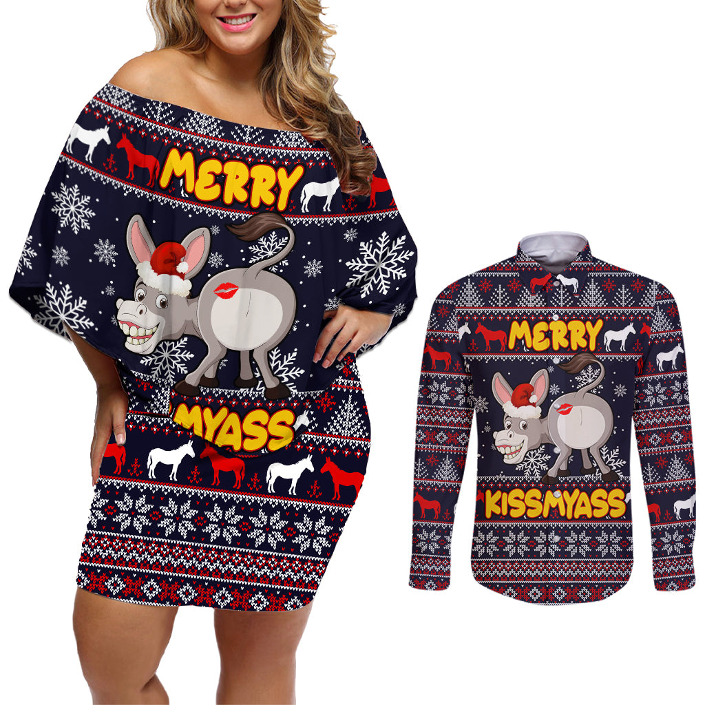 Funny Donkeys Christmas Couples Matching Off Shoulder Short Dress and Long Sleeve Button Shirt Merry Kissmyass - Wonder Print Shop