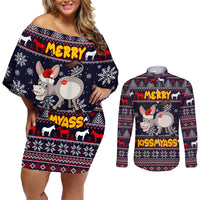 Funny Donkeys Christmas Couples Matching Off Shoulder Short Dress and Long Sleeve Button Shirt Merry Kissmyass - Wonder Print Shop