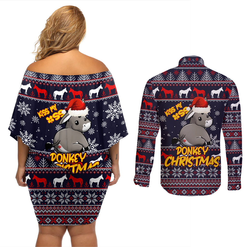 Funny Donkeys Christmas Couples Matching Off Shoulder Short Dress and Long Sleeve Button Shirt Merry Kissmyass - Wonder Print Shop