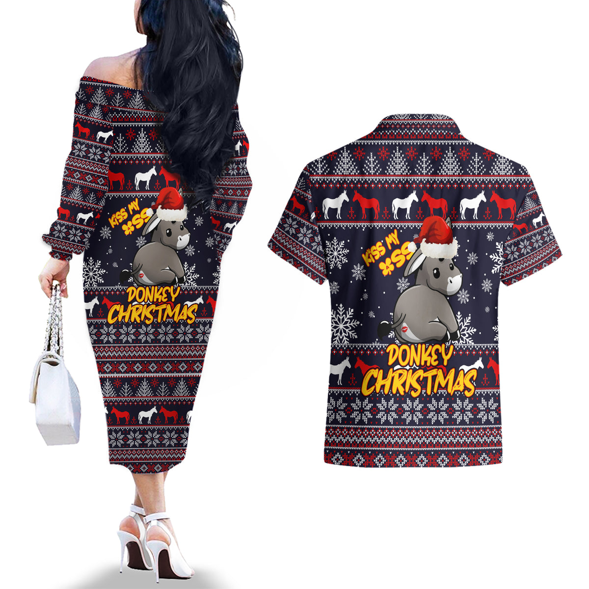 Funny Donkeys Christmas Couples Matching Off The Shoulder Long Sleeve Dress and Hawaiian Shirt Merry Kissmyass - Wonder Print Shop