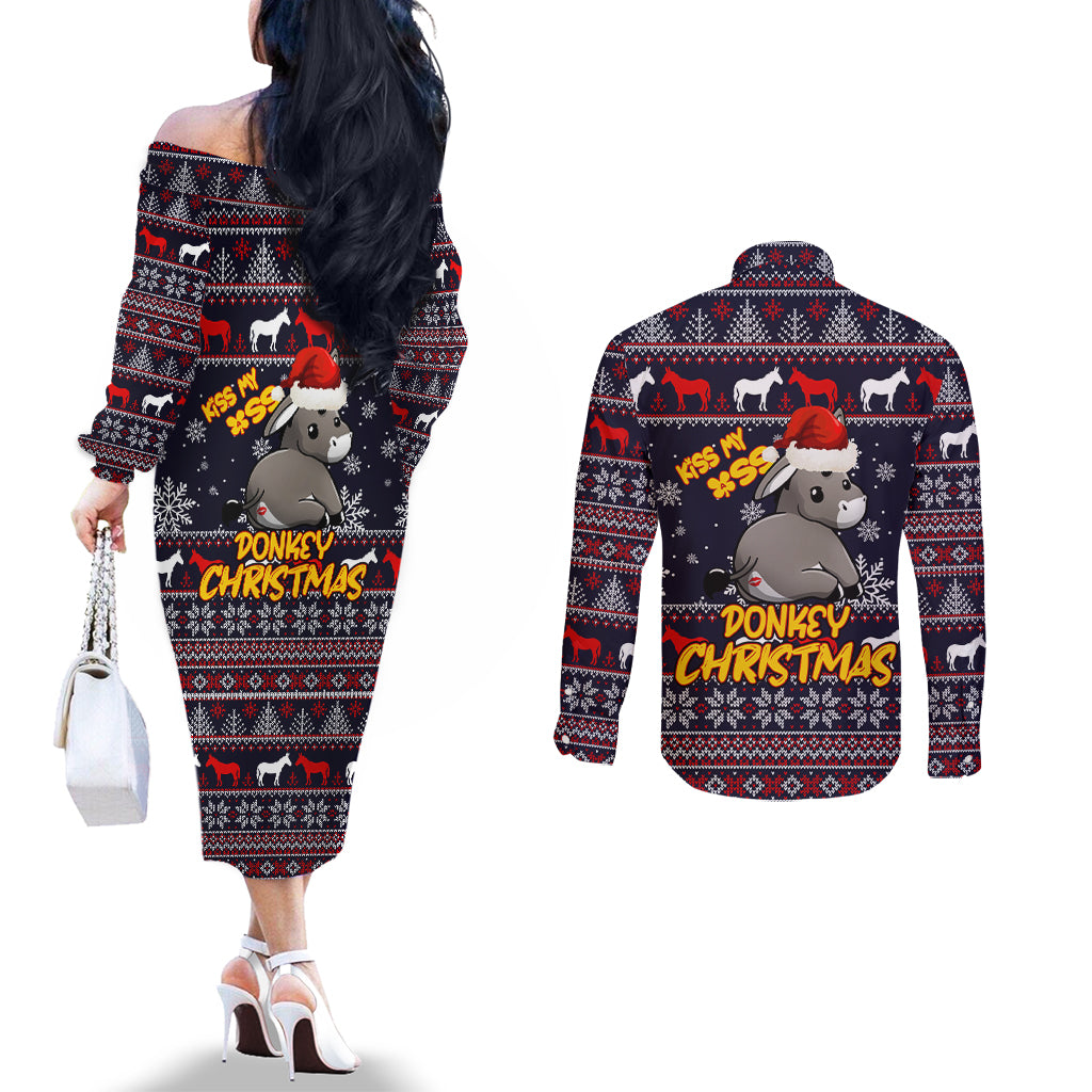funny-donkeys-christmas-couples-matching-off-the-shoulder-long-sleeve-dress-and-long-sleeve-button-shirt-merry-kissmyass