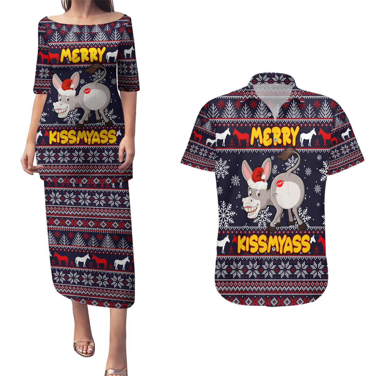 Funny Donkeys Christmas Couples Matching Puletasi Dress and Hawaiian Shirt Merry Kissmyass - Wonder Print Shop