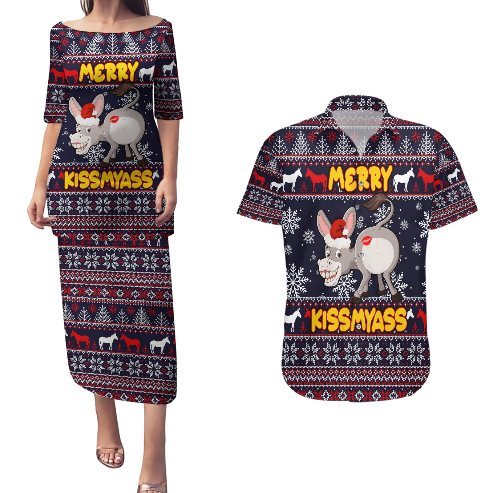 Funny Donkeys Christmas Couples Matching Puletasi Dress and Hawaiian Shirt Merry Kissmyass - Wonder Print Shop
