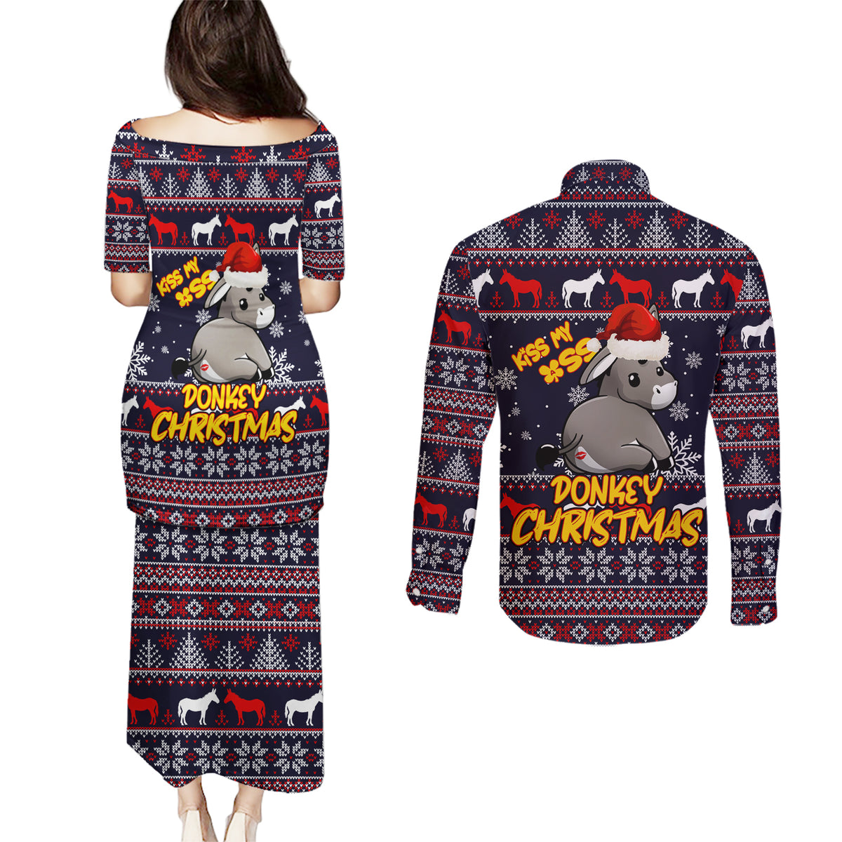 Funny Donkeys Christmas Couples Matching Puletasi Dress and Long Sleeve Button Shirt Merry Kissmyass - Wonder Print Shop