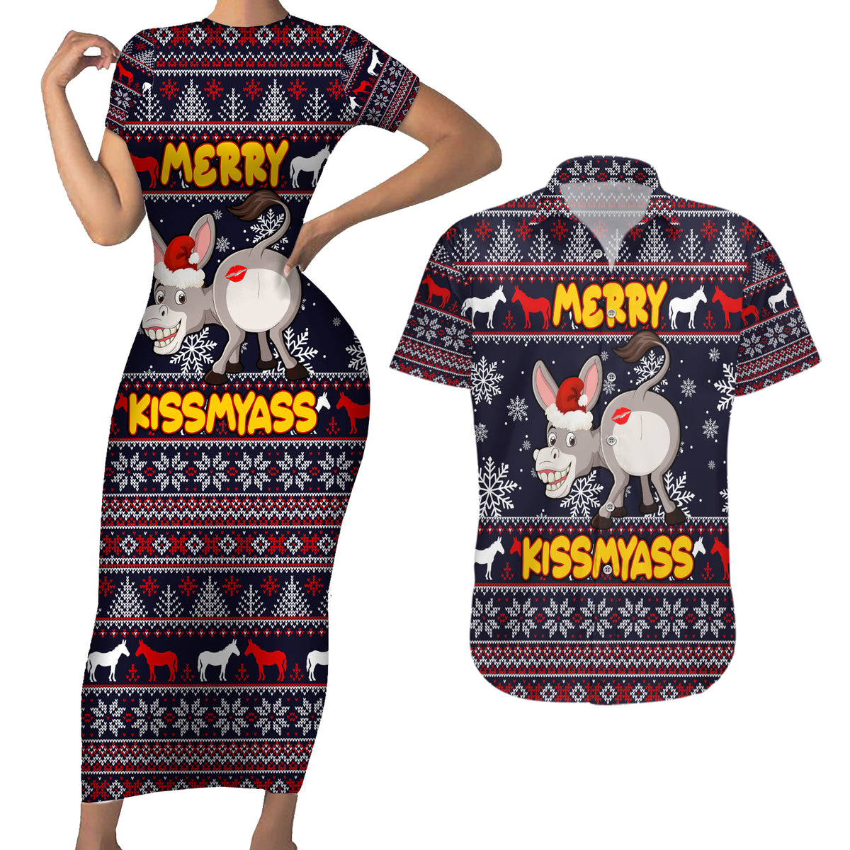 Funny Donkeys Christmas Couples Matching Short Sleeve Bodycon Dress and Hawaiian Shirt Merry Kissmyass - Wonder Print Shop