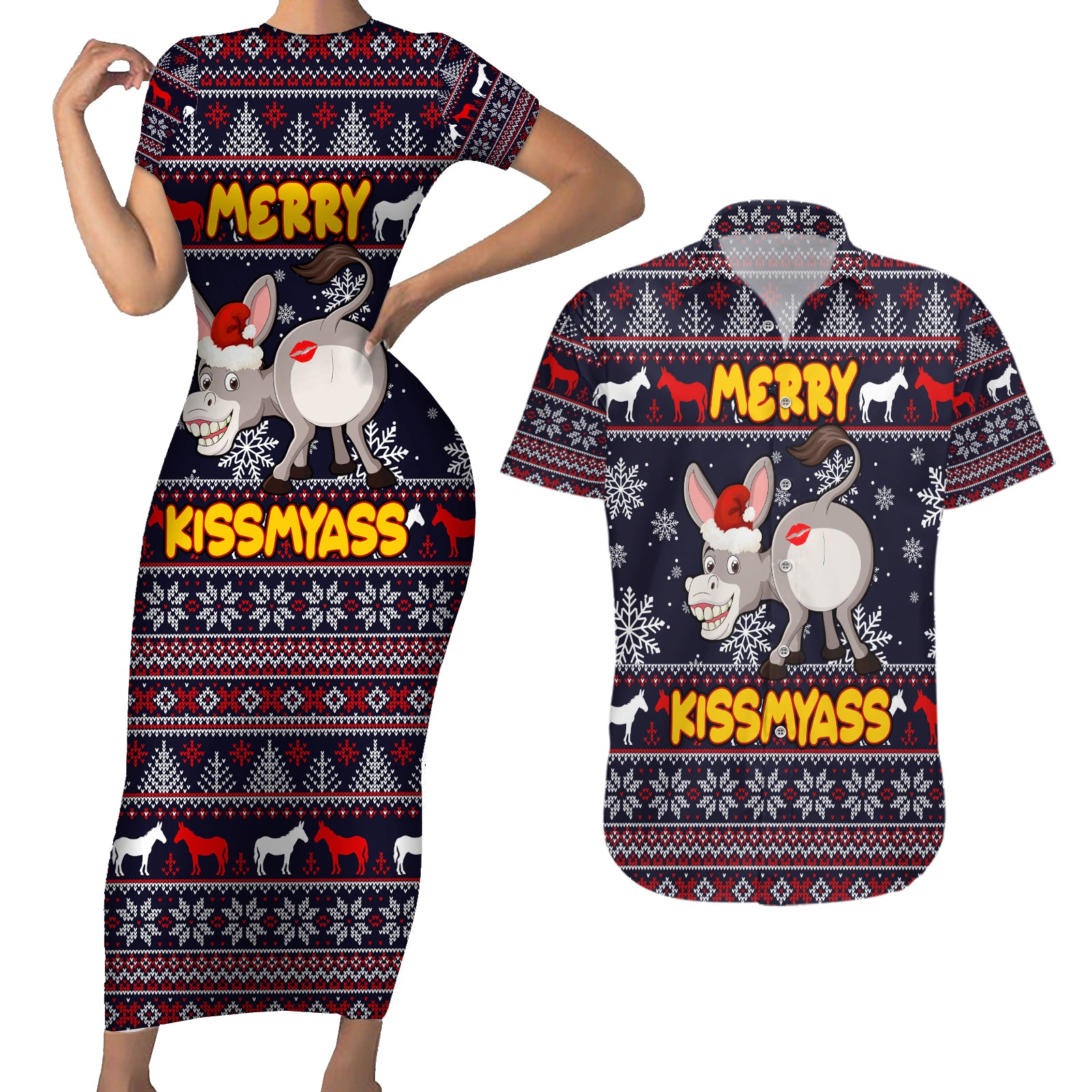 Funny Donkeys Christmas Couples Matching Short Sleeve Bodycon Dress and Hawaiian Shirt Merry Kissmyass - Wonder Print Shop