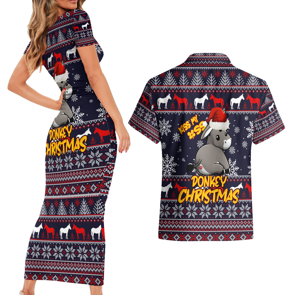 Funny Donkeys Christmas Couples Matching Short Sleeve Bodycon Dress and Hawaiian Shirt Merry Kissmyass - Wonder Print Shop