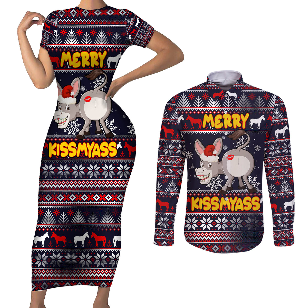 Funny Donkeys Christmas Couples Matching Short Sleeve Bodycon Dress and Long Sleeve Button Shirt Merry Kissmyass - Wonder Print Shop