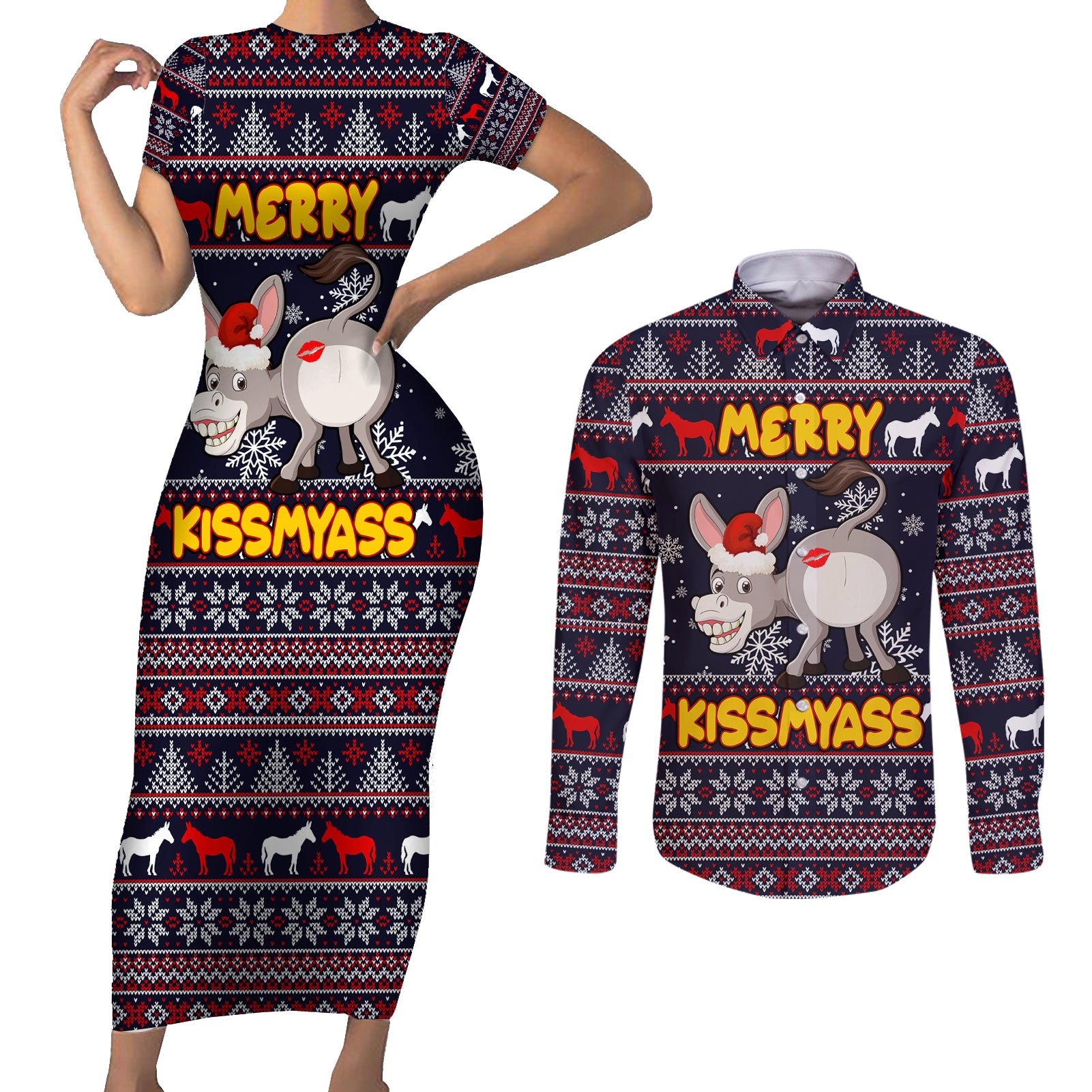Funny Donkeys Christmas Couples Matching Short Sleeve Bodycon Dress and Long Sleeve Button Shirt Merry Kissmyass - Wonder Print Shop