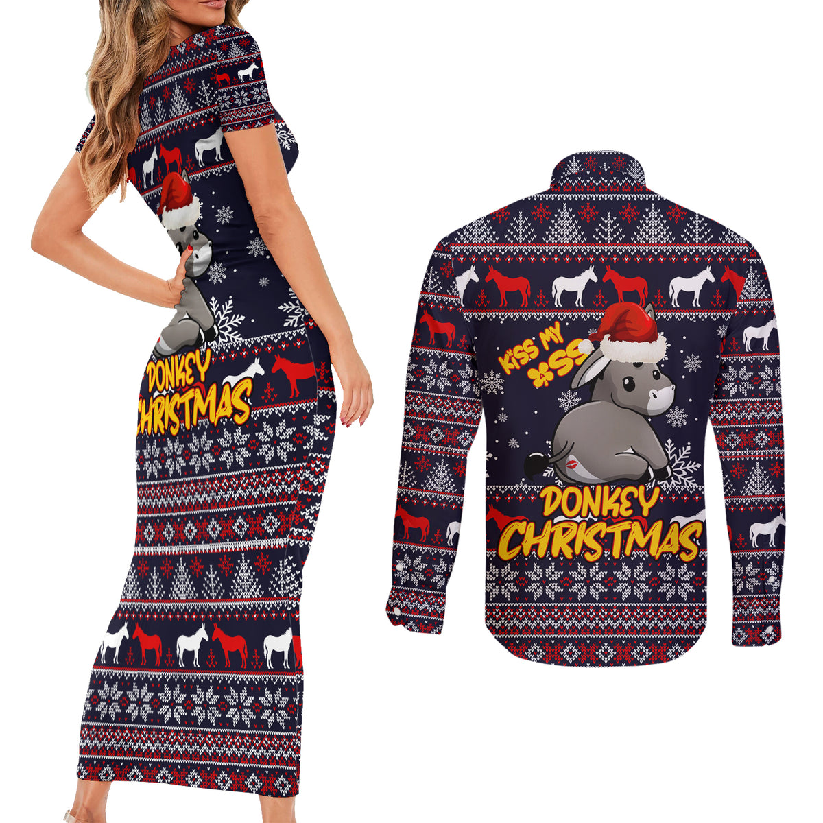Funny Donkeys Christmas Couples Matching Short Sleeve Bodycon Dress and Long Sleeve Button Shirt Merry Kissmyass - Wonder Print Shop