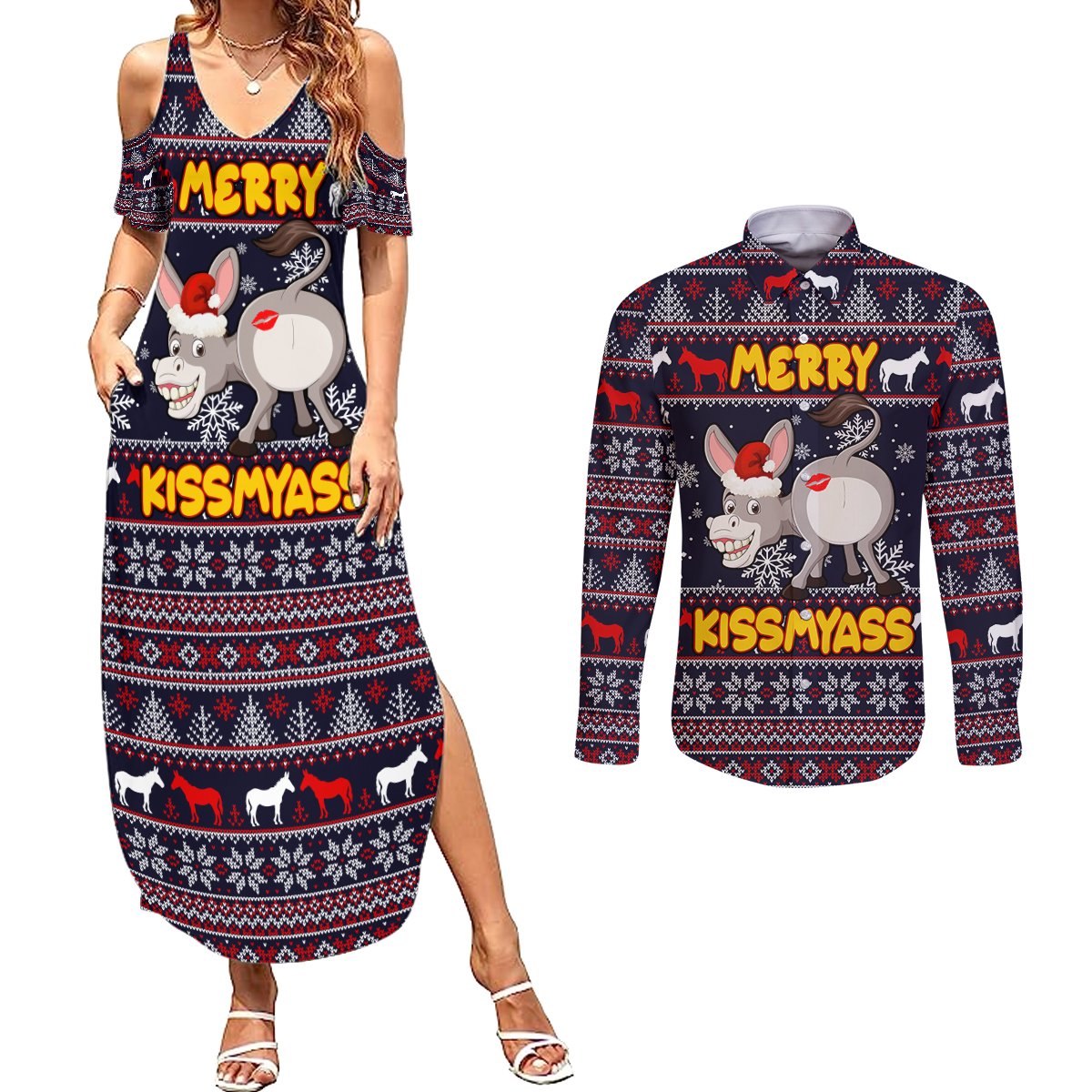 Funny Donkeys Christmas Couples Matching Summer Maxi Dress and Long Sleeve Button Shirt Merry Kissmyass - Wonder Print Shop