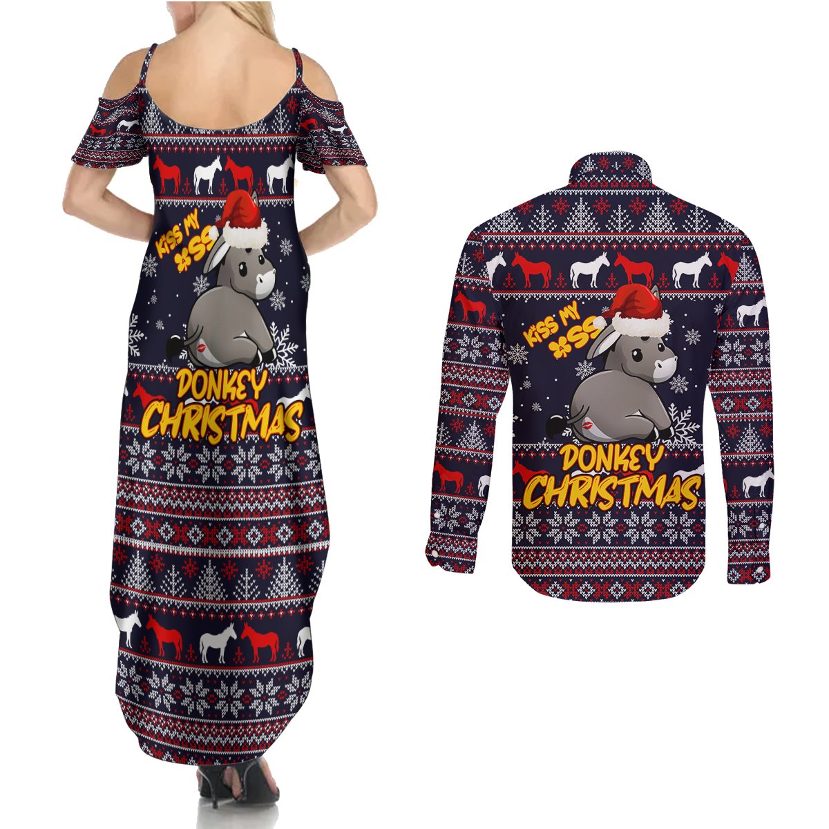 Funny Donkeys Christmas Couples Matching Summer Maxi Dress and Long Sleeve Button Shirt Merry Kissmyass - Wonder Print Shop