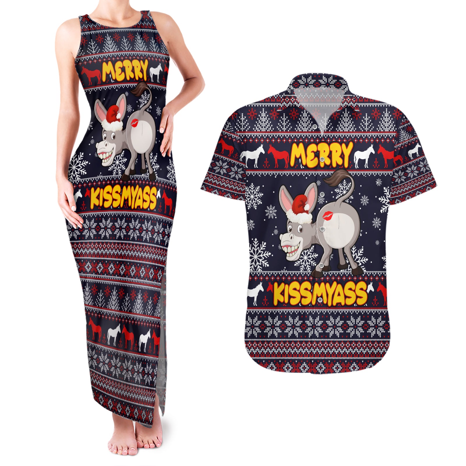 Funny Donkeys Christmas Couples Matching Tank Maxi Dress and Hawaiian Shirt Merry Kissmyass - Wonder Print Shop