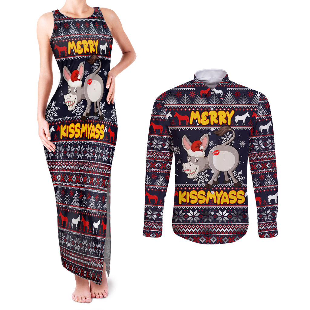 Funny Donkeys Christmas Couples Matching Tank Maxi Dress and Long Sleeve Button Shirt Merry Kissmyass - Wonder Print Shop