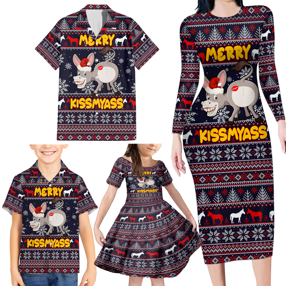 Funny Donkeys Christmas Family Matching Long Sleeve Bodycon Dress and Hawaiian Shirt Merry Kissmyass - Wonder Print Shop