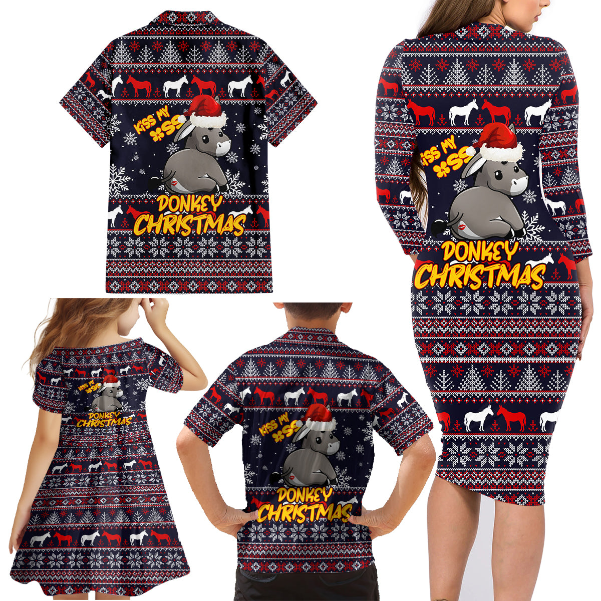 Funny Donkeys Christmas Family Matching Long Sleeve Bodycon Dress and Hawaiian Shirt Merry Kissmyass - Wonder Print Shop