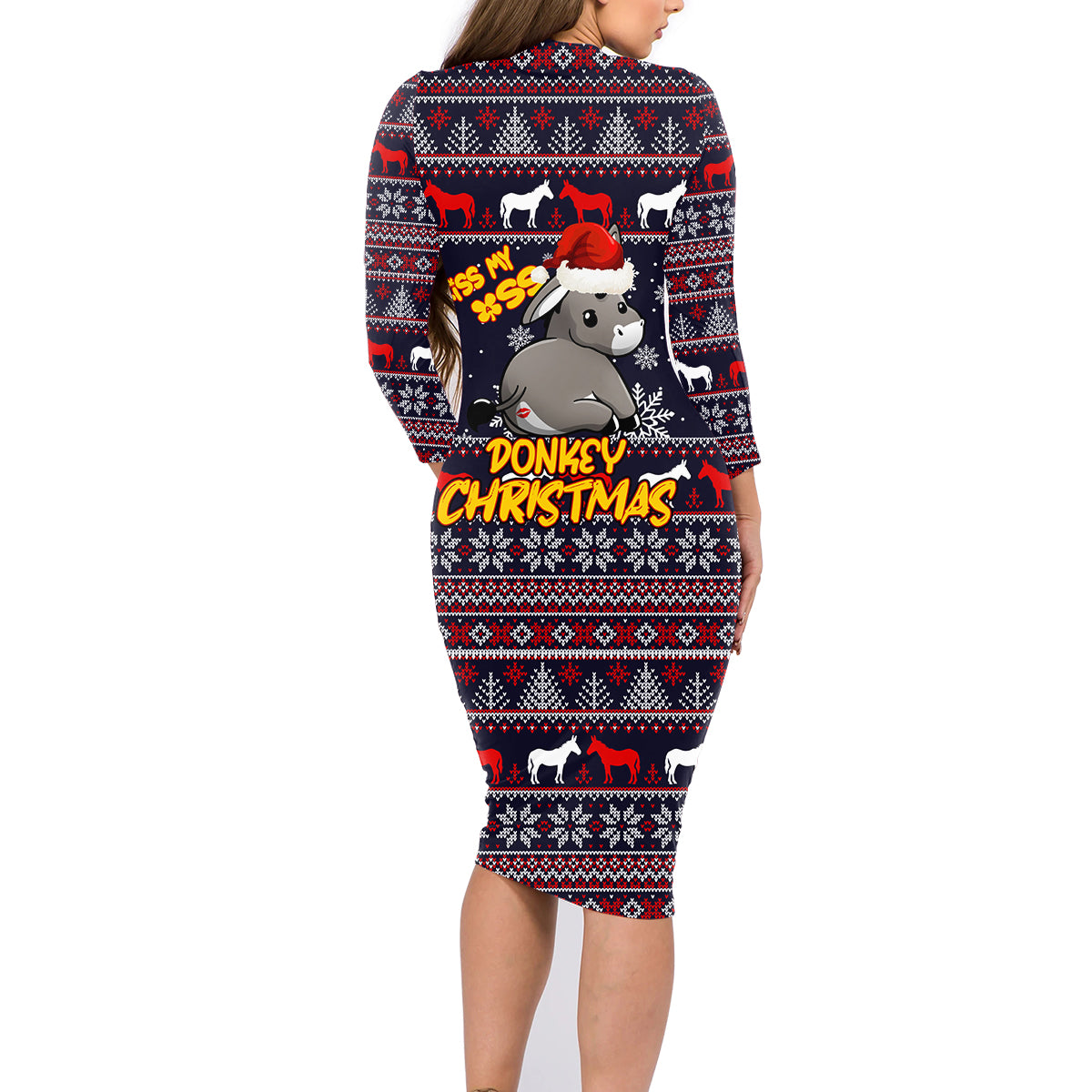 Funny Donkeys Christmas Family Matching Long Sleeve Bodycon Dress and Hawaiian Shirt Merry Kissmyass - Wonder Print Shop