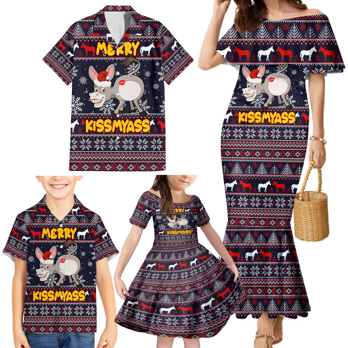 Funny Donkeys Christmas Family Matching Mermaid Dress and Hawaiian Shirt Merry Kissmyass - Wonder Print Shop