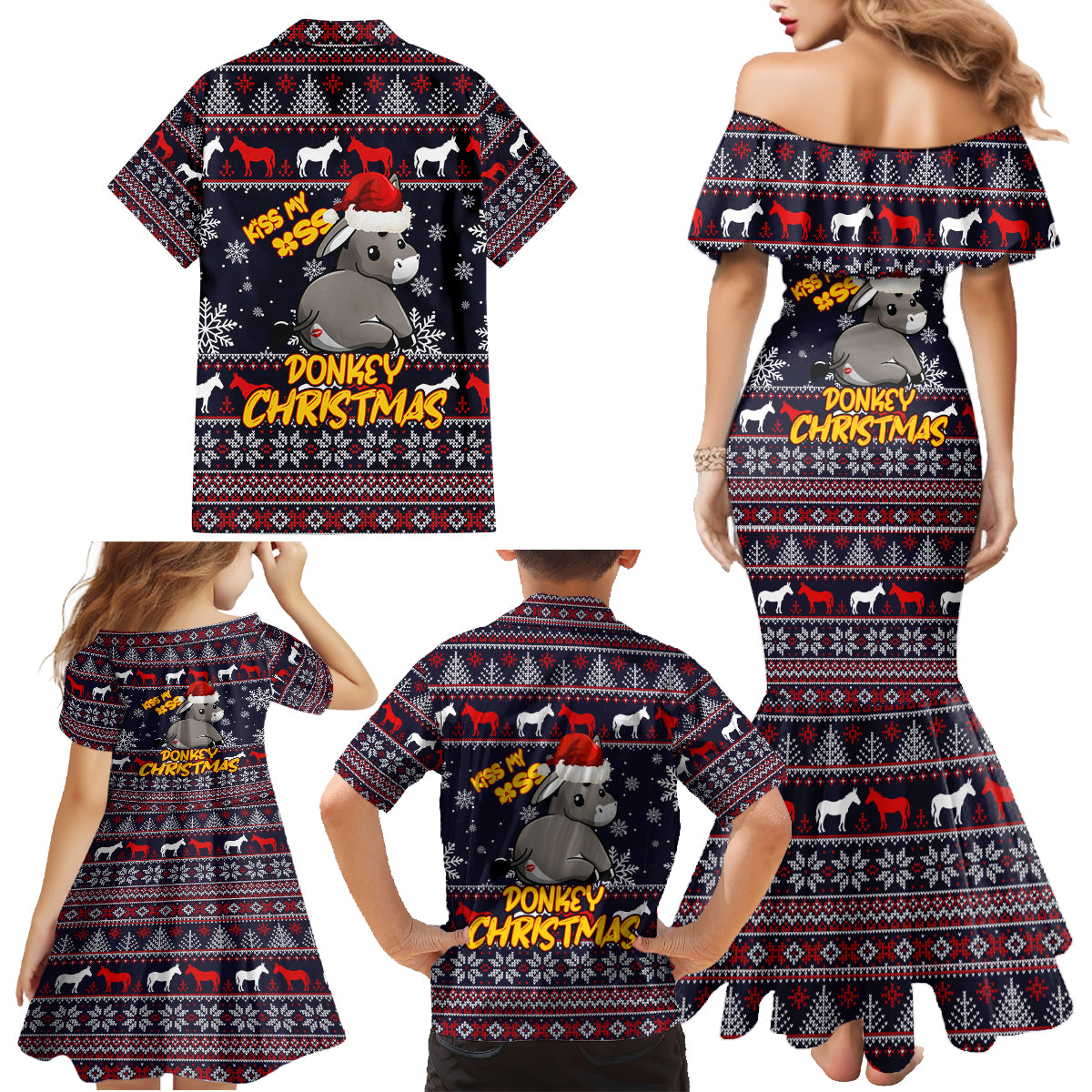 Funny Donkeys Christmas Family Matching Mermaid Dress and Hawaiian Shirt Merry Kissmyass - Wonder Print Shop