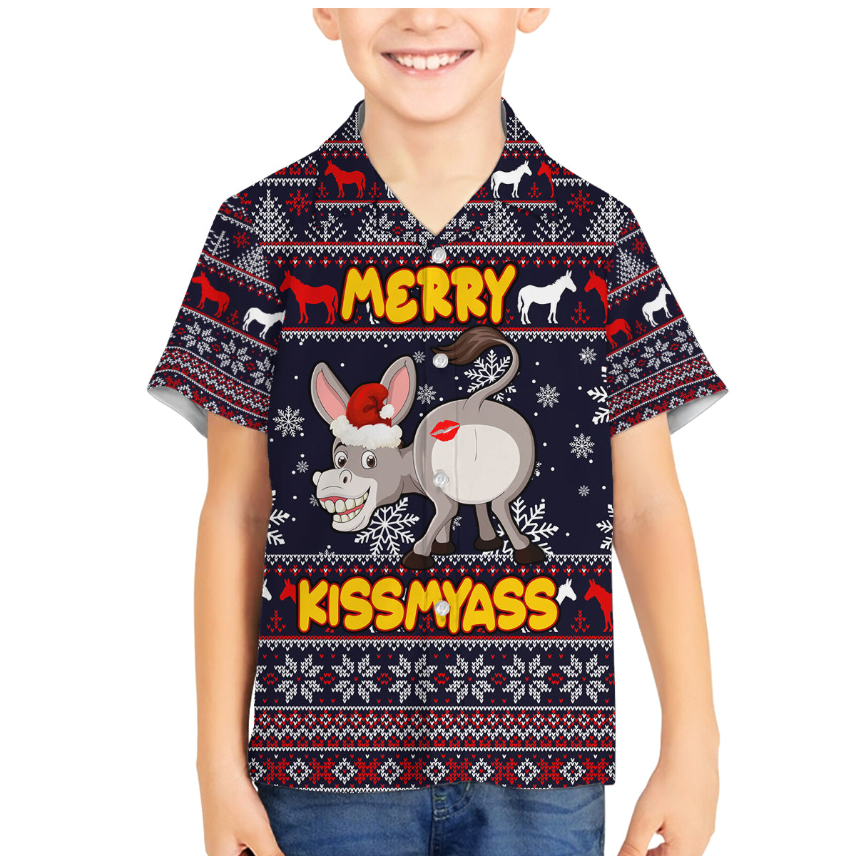 Funny Donkeys Christmas Family Matching Mermaid Dress and Hawaiian Shirt Merry Kissmyass - Wonder Print Shop