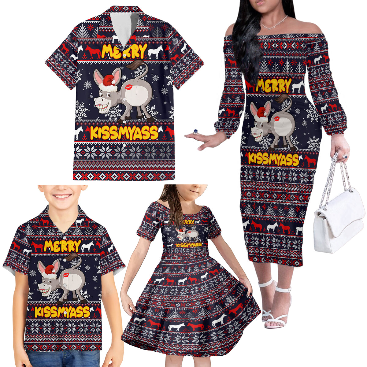 Funny Donkeys Christmas Family Matching Off Shoulder Long Sleeve Dress and Hawaiian Shirt Merry Kissmyass - Wonder Print Shop