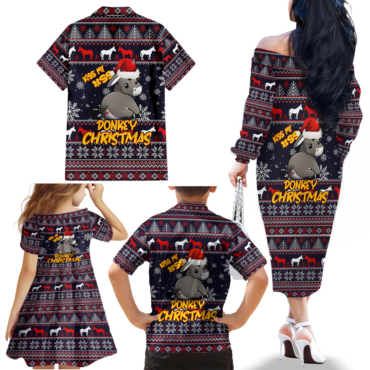 Funny Donkeys Christmas Family Matching Off Shoulder Long Sleeve Dress and Hawaiian Shirt Merry Kissmyass - Wonder Print Shop