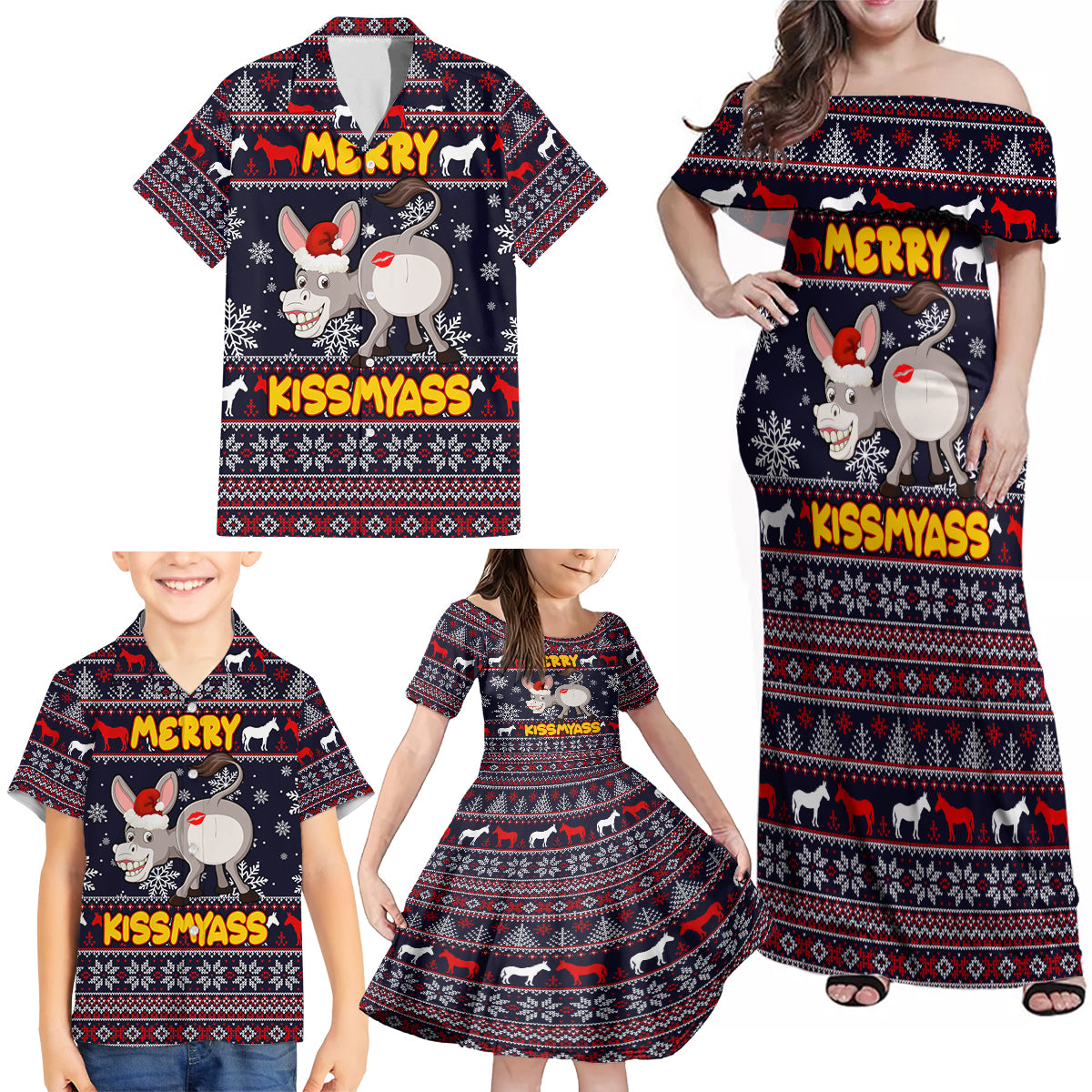Funny Donkeys Christmas Family Matching Off Shoulder Maxi Dress and Hawaiian Shirt Merry Kissmyass - Wonder Print Shop
