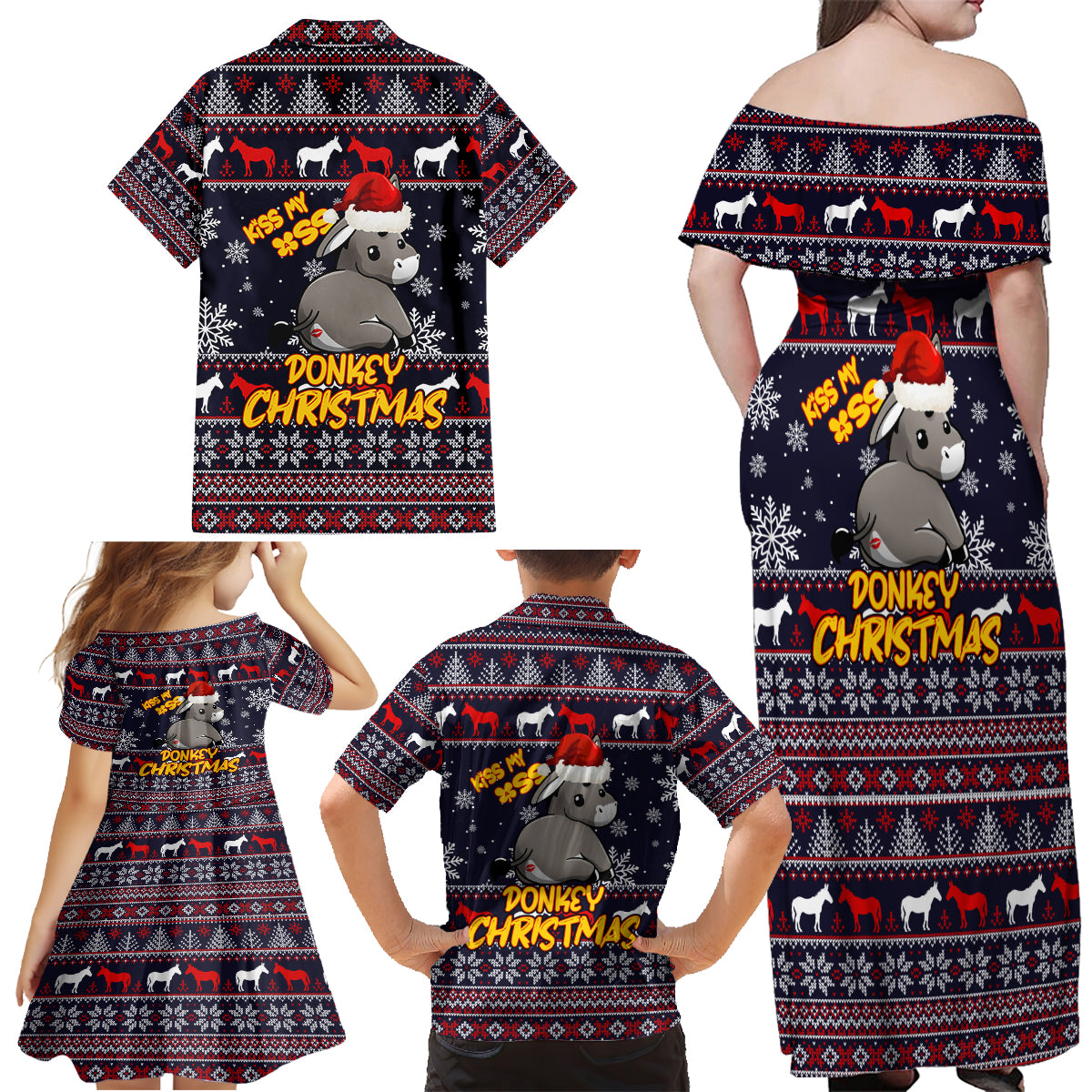 Funny Donkeys Christmas Family Matching Off Shoulder Maxi Dress and Hawaiian Shirt Merry Kissmyass - Wonder Print Shop