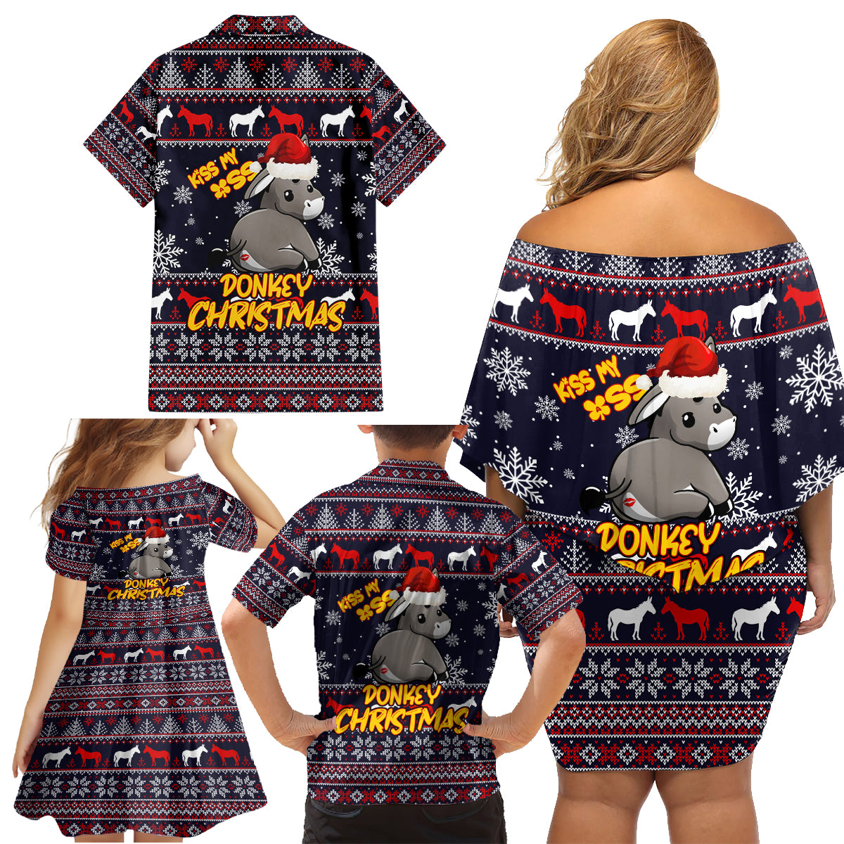 Funny Donkeys Christmas Family Matching Off Shoulder Short Dress and Hawaiian Shirt Merry Kissmyass - Wonder Print Shop