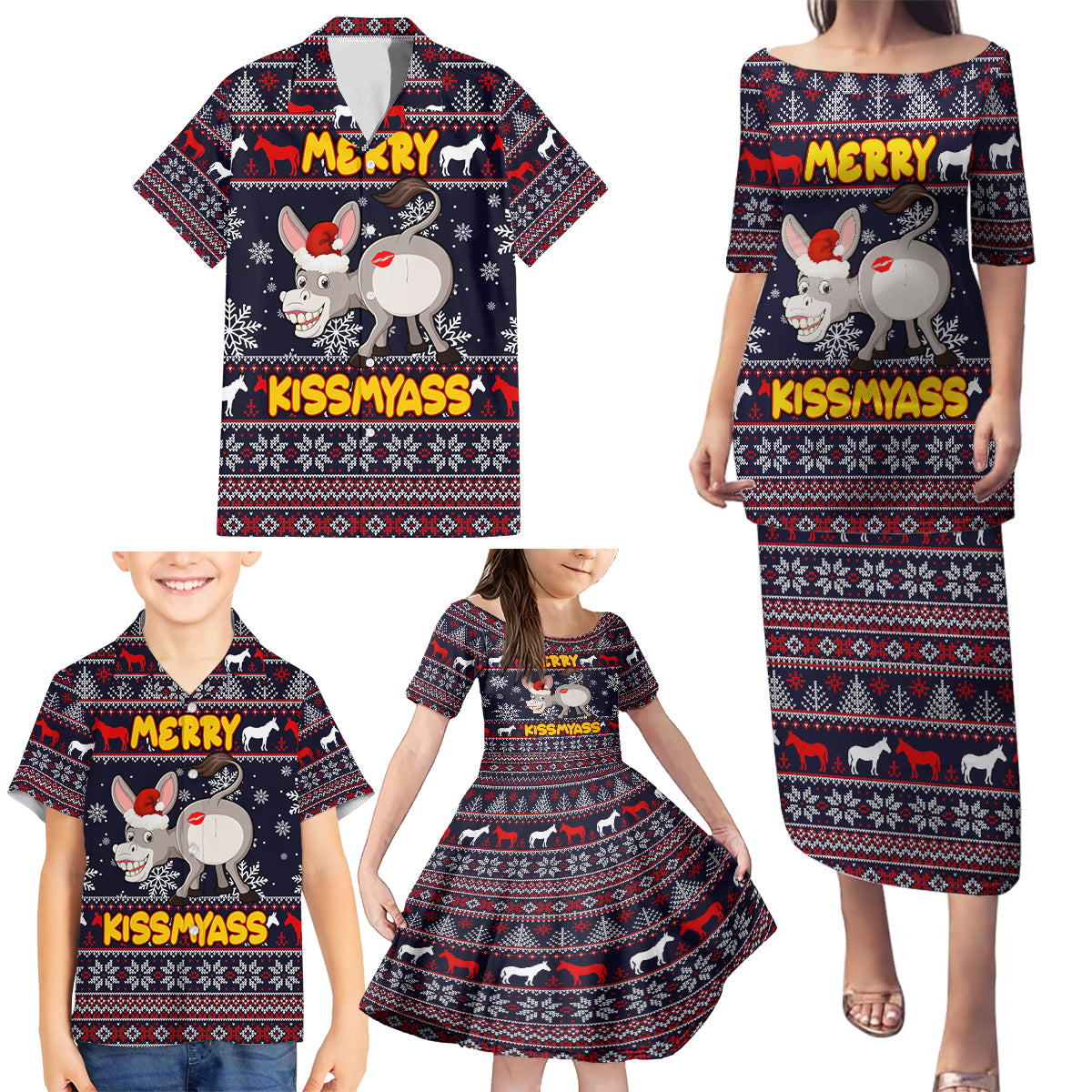 Funny Donkeys Christmas Family Matching Puletasi Dress and Hawaiian Shirt Merry Kissmyass - Wonder Print Shop
