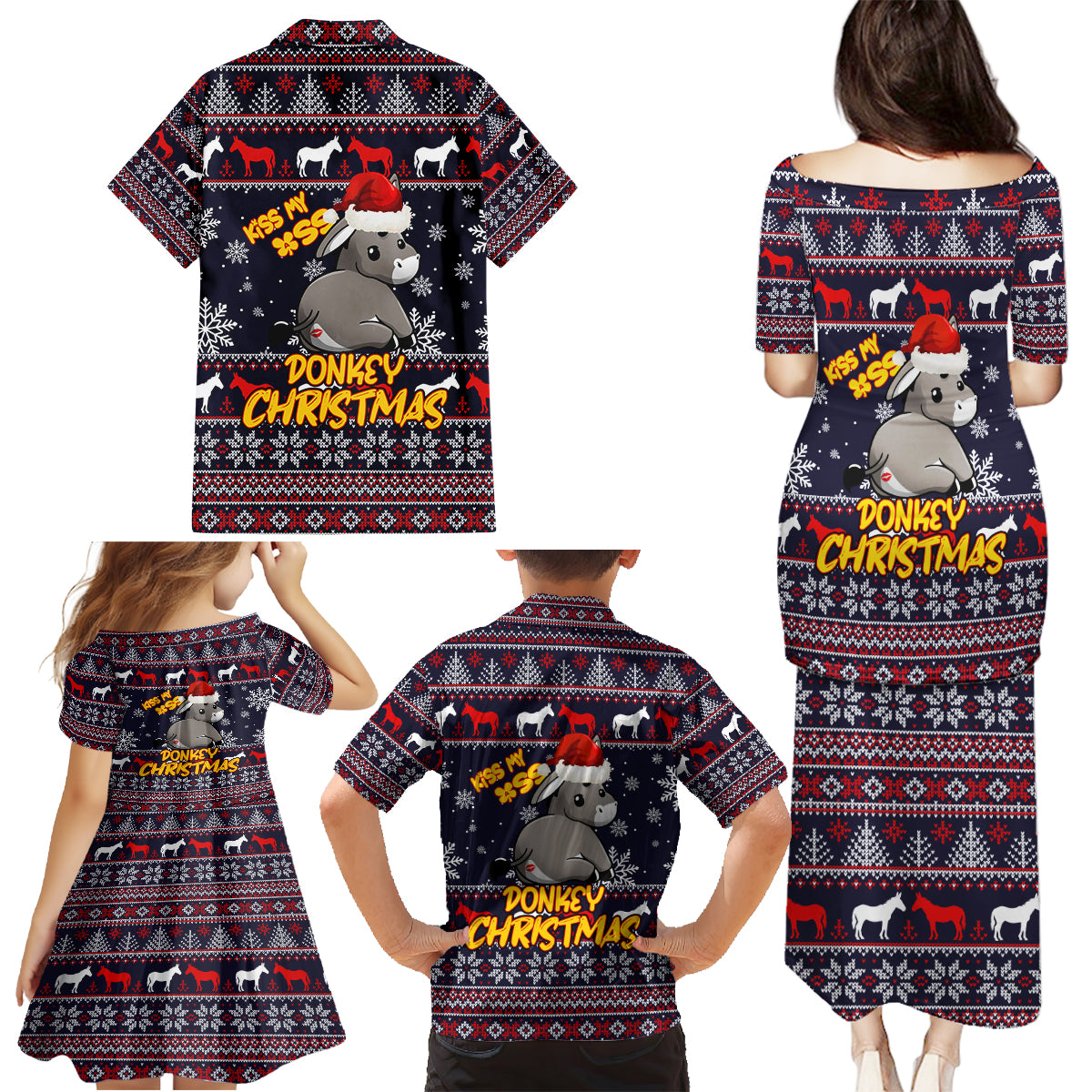 Funny Donkeys Christmas Family Matching Puletasi Dress and Hawaiian Shirt Merry Kissmyass - Wonder Print Shop