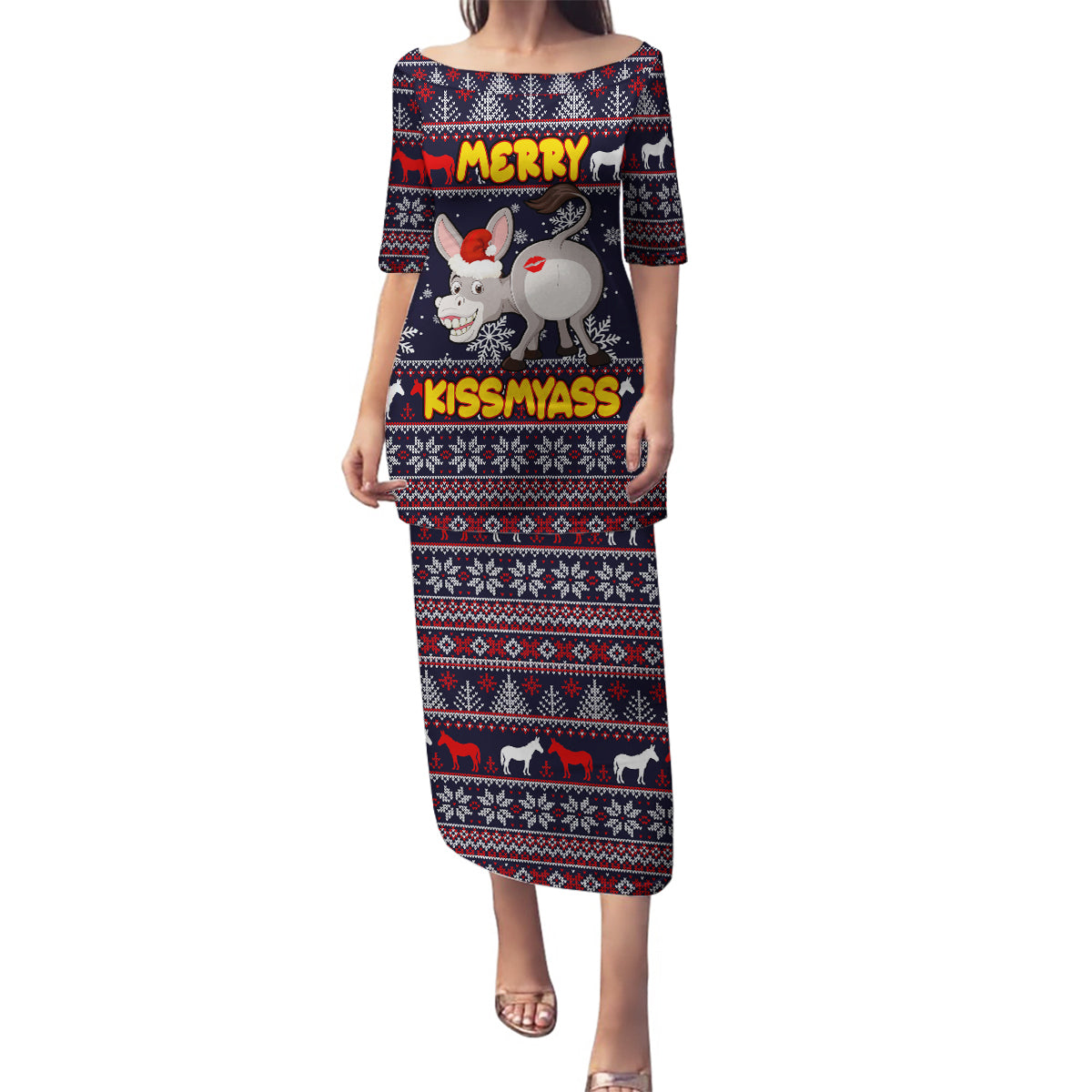 Funny Donkeys Christmas Family Matching Puletasi Dress and Hawaiian Shirt Merry Kissmyass - Wonder Print Shop