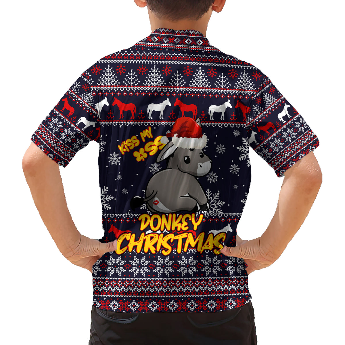 Funny Donkeys Christmas Family Matching Short Sleeve Bodycon Dress and Hawaiian Shirt Merry Kissmyass - Wonder Print Shop