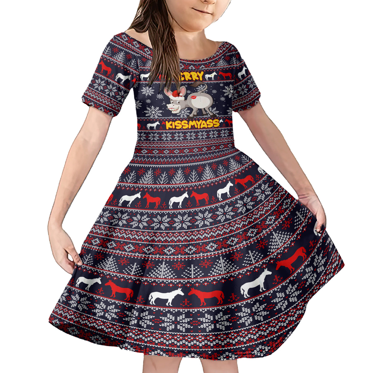 Funny Donkeys Christmas Family Matching Short Sleeve Bodycon Dress and Hawaiian Shirt Merry Kissmyass - Wonder Print Shop