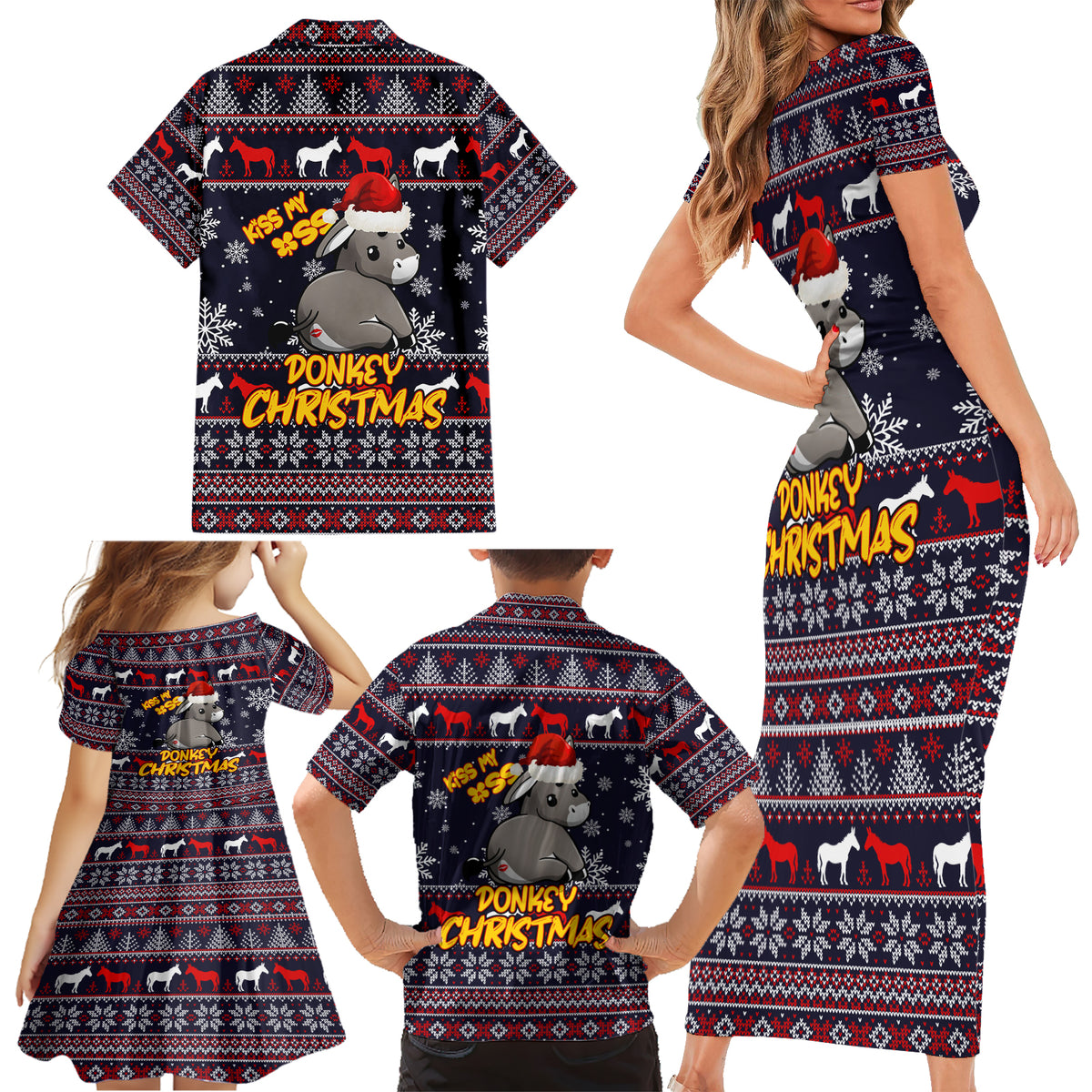 Funny Donkeys Christmas Family Matching Short Sleeve Bodycon Dress and Hawaiian Shirt Merry Kissmyass - Wonder Print Shop