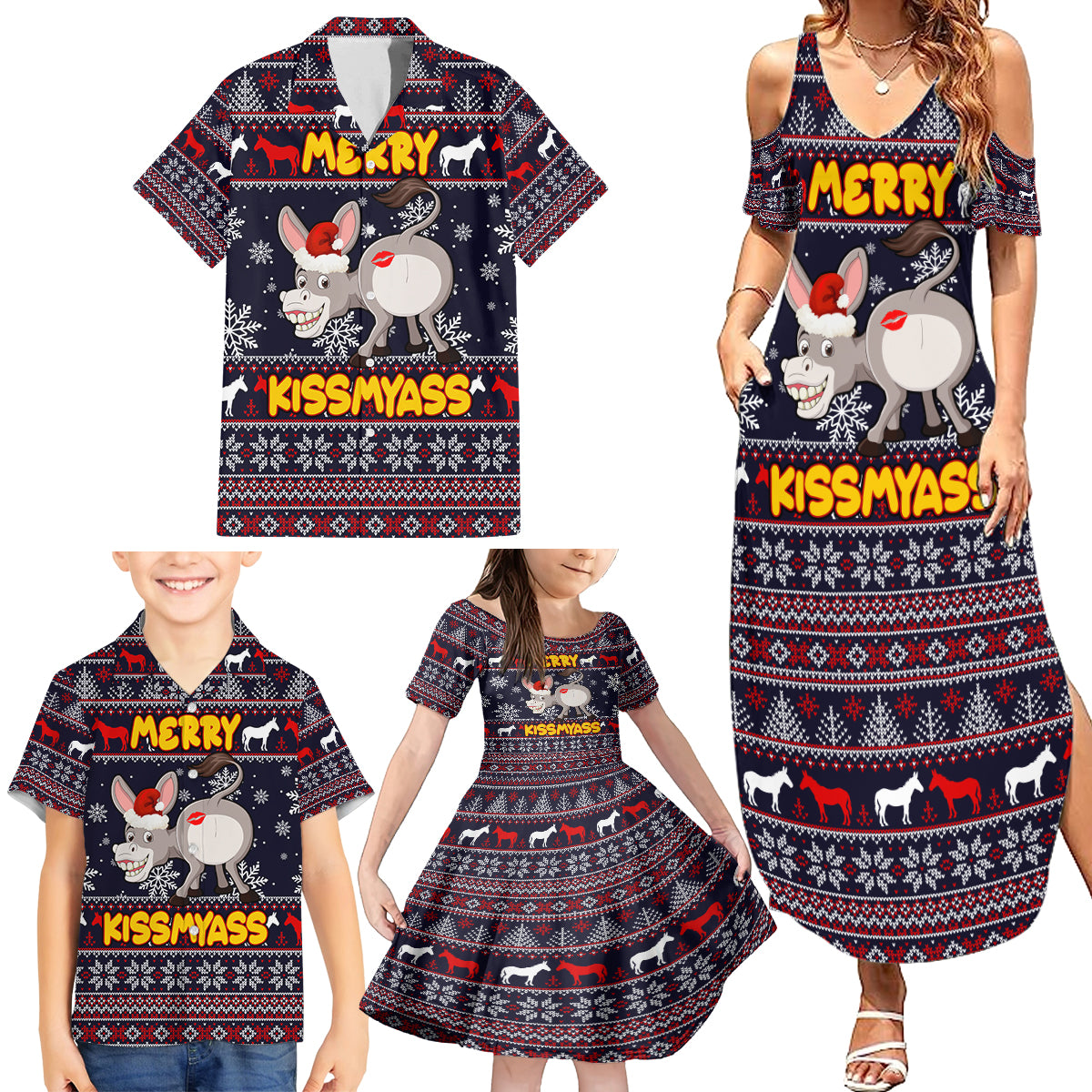 Funny Donkeys Christmas Family Matching Summer Maxi Dress and Hawaiian Shirt Merry Kissmyass - Wonder Print Shop