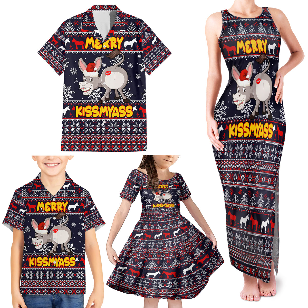 Funny Donkeys Christmas Family Matching Tank Maxi Dress and Hawaiian Shirt Merry Kissmyass - Wonder Print Shop